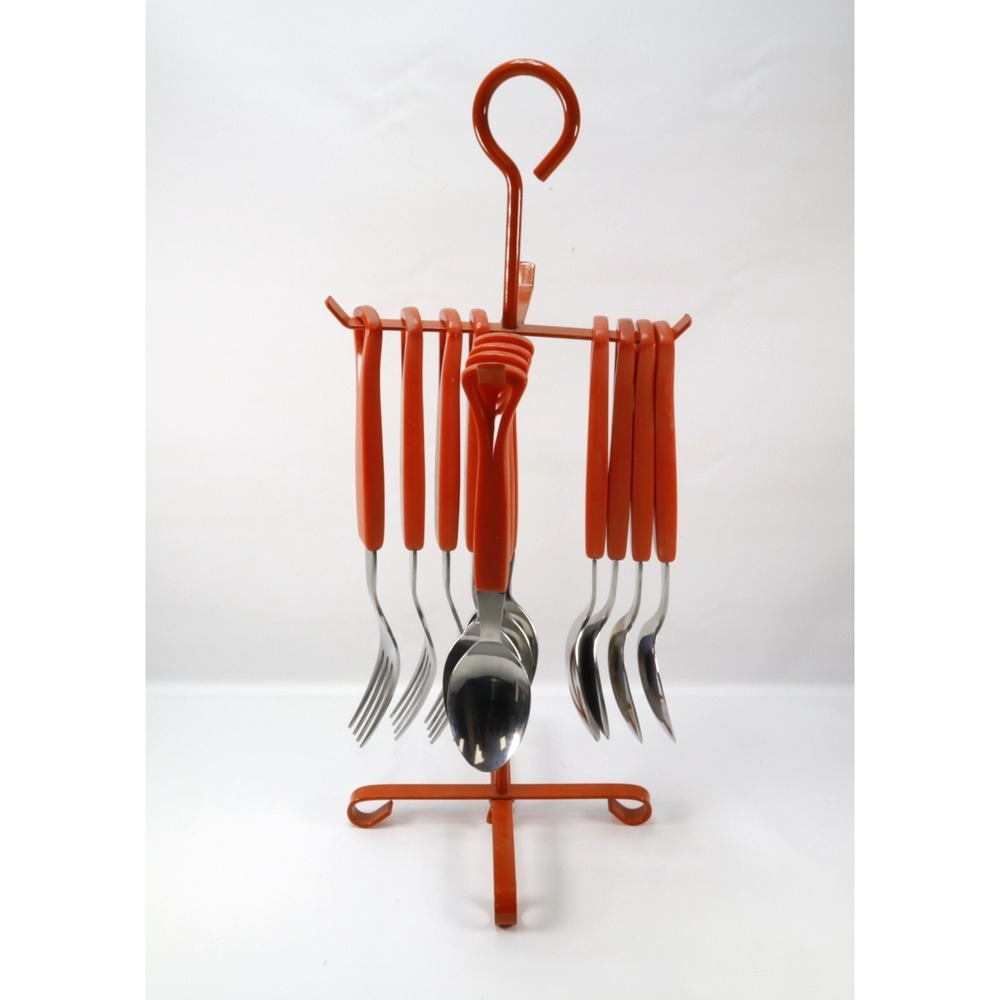 12 Piece Japanese 11C Stainless Steel Flatware Spoon Forks MCM Stand Orange